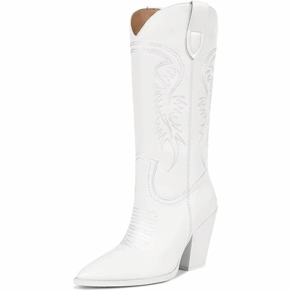NEW ISNOM women's faux leather heel knee high western boots in white